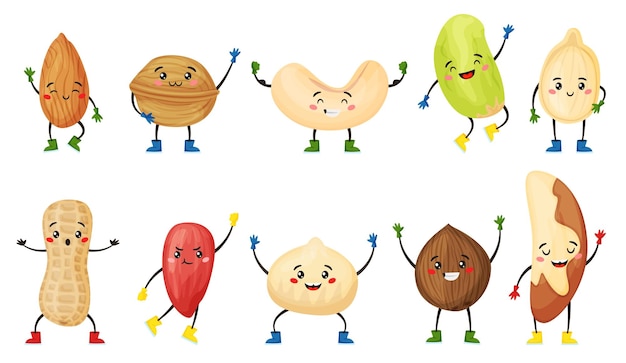 Cartoon nut and seed characters with cute smiling faces Almond coconut walnut peanut character funny nuts and seeds mascot vector set