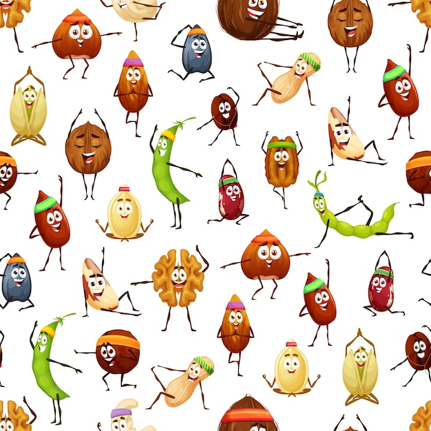 Cartoon nuts and beans in sport seamless pattern