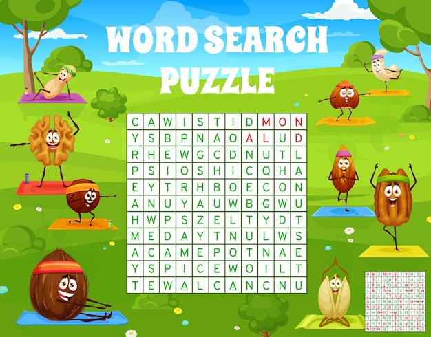 Cartoon nuts on yoga fitness on green meadow word search puzzle game vector quiz Peanut walnut and hazelnut on sport fitness cashew and pistachio nut on yoga in word search quiz grid worksheet