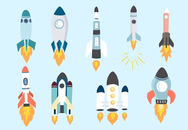 Vector cartoon object rocket collection.