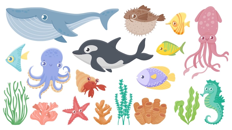 Vector cartoon oceaan dieren. grappige blauwe vinvis, schattige egelvissen en orka