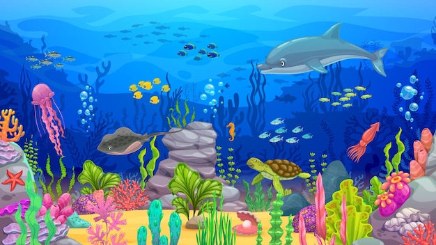 Cartoon ocean underwater landscape with dolphin turtle and fish shoals vector background Jellyfish squid and stingray between seaweeds in undersea coral reef landscape for arcade game level