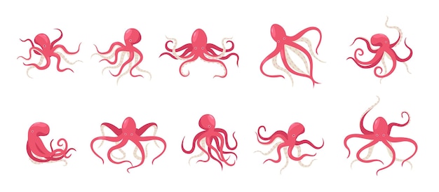 Cartoon octopus Playful red octopus in various postures and expressions underwater creature Vector sea animal with tentacles collection