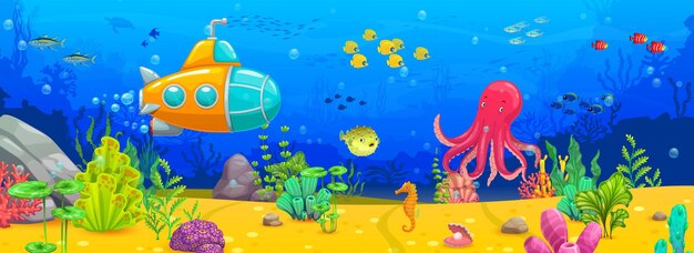 Cartoon octopus submarine and fish shoals on underwater landscape vector background cute marine animals on tropical coral reef bottom sea turtle seahorse pufferfish and seashell game background