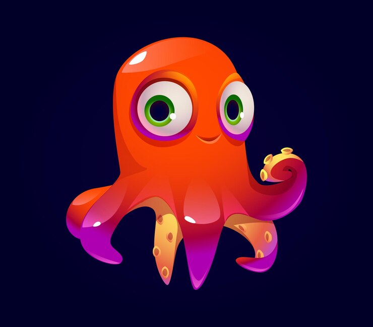 Vector 녹색 눈과 보라색 배경을 가진 문어 만화.