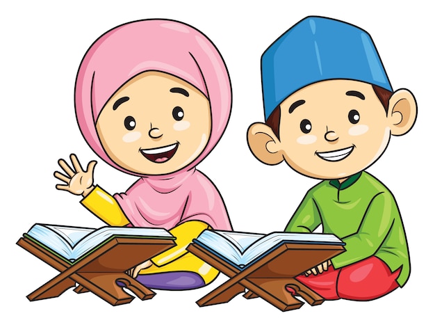 ベクトル 少年と少女のイスラム教徒の漫画はコーランを暗唱します
