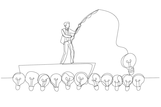 Вектор Карикатура на бизнесмена, ловящего лампочку, в стиле арт одной линии