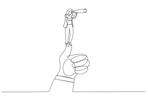 Карикатура на бизнесмена, стоящего на гигантском пальце с помощью телескопа, чтобы смотреть вдаль единая непрерывная линия в художественном стиле