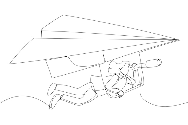 미래 예측을 보거나 새로운 아이디어와 영감 개념을 발견하기 위해 망원경으로 글라이더로 종이 비행기 종이 접기를 비행하는 사업가의 만화 단일 연속 라인 아트 스타일