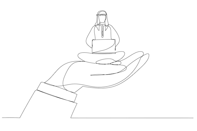 Карикатура на гигантскую руку, держащую арабского мужчину, который работает над метафорой ноутбука для корпоративной поддержки по уходу за сотрудниками непрерывный стиль линейного искусства