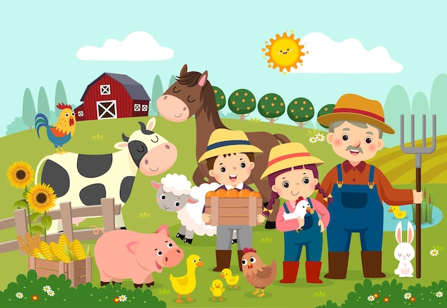 Мультфильм счастливого фермера и детей с сельскохозяйственными животными на ферме