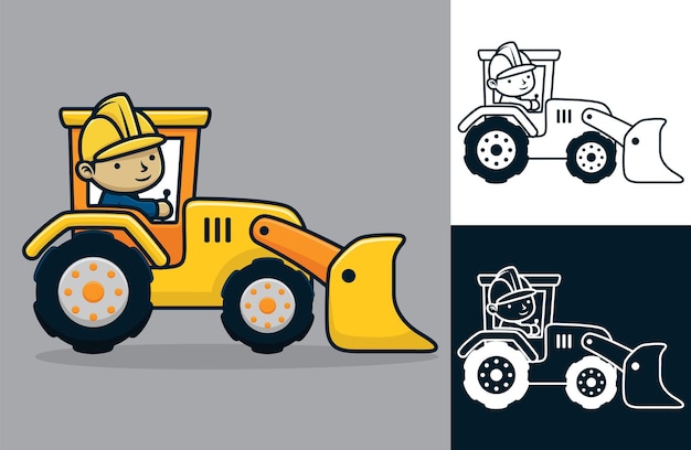 Мультфильм человека в шлеме работника верхом на строительной машине.