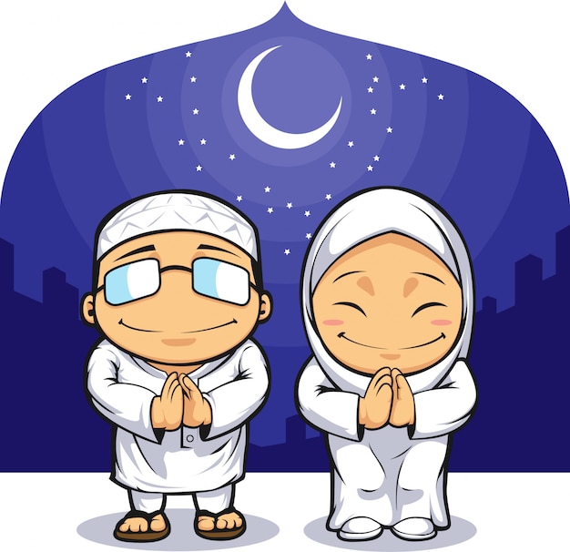 ラマダンの挨拶イスラム教徒の男性女性の漫画