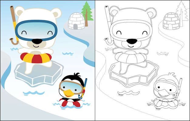 북극곰과 펭귄 수영의 만화