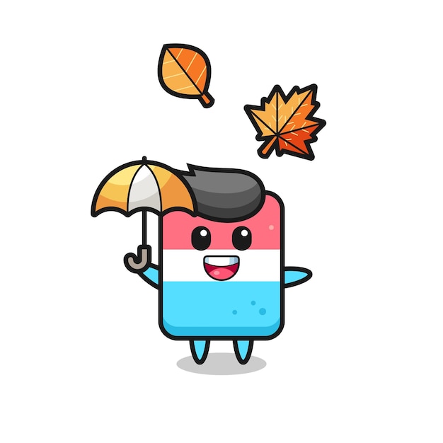 Мультфильм милый ластик, держащий зонтик осенью, милый стильный дизайн для футболки, наклейки, элемента логотипа