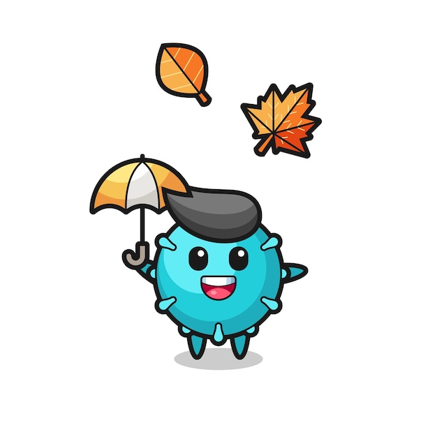 Мультфильм милого вируса, держащего зонт осенью, милый стильный дизайн для футболки, наклейки, элемента логотипа