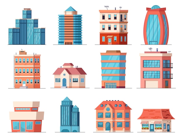 Cartoon office city buildings, skyscraper and downtown apartment house. real estate, business tower, shop and cafe building. town vector set