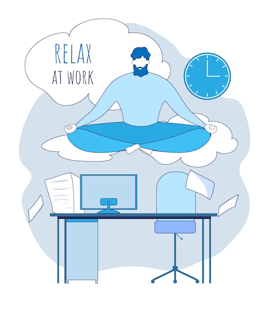 Cartoon Office Worker Meditate above Workplace Illustration. Relax at work