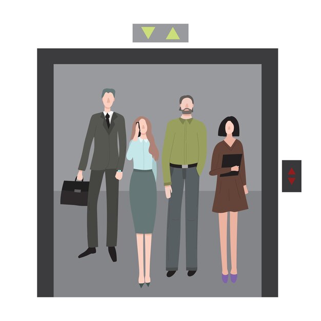 Vector cartoon office workers characters men and women professional employee inside in elevator concept element flat design style vector illustration