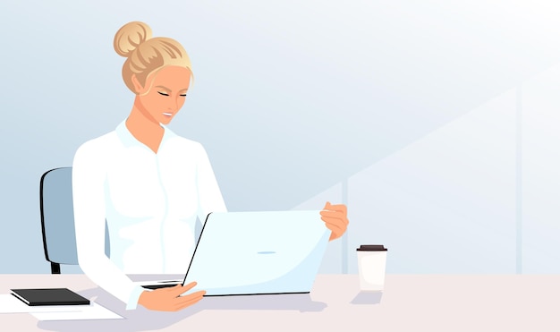 Cartoon office workspace Female employee sitting on chair and working via laptop Woman in white formal wear Table with coffee cup and notebook Concept of routine day work Vector illustration