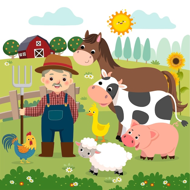 Vector cartoon of old farmer and farm animals on the farm