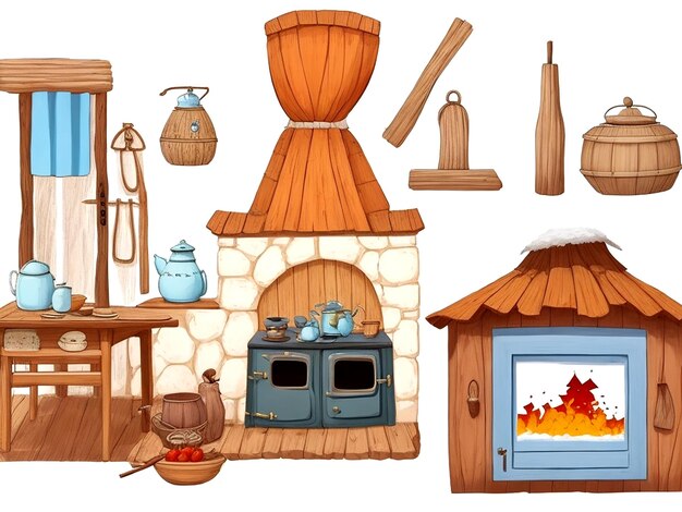 Vector cartoon old interior elements of the russian hut ancient kitchen with traditional ai_generated