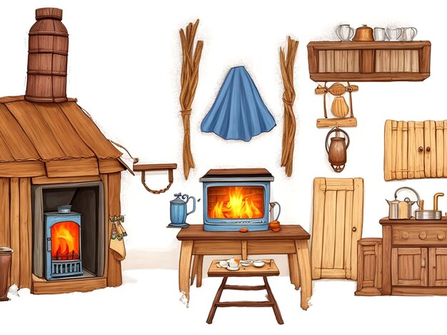 Vector cartoon old interior elements of the russian hut ancient kitchen with traditional ai_generated