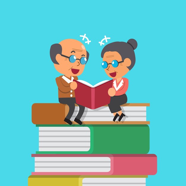 cartoon old man and old woman reading book