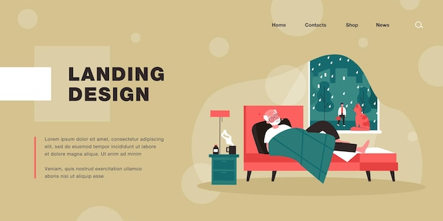 Cartoon old man with fever lying in bed. Flat vector illustration. Male person drinking medicine, taking his temperature and staying in bed. Illness, health, recovering, treatment, pandemic concept