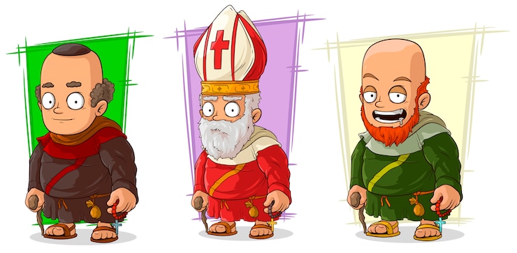 Vector cartoon old monk and priest characters set
