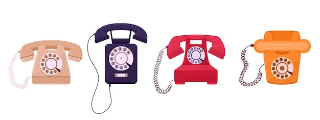 Cartoon old vintage phones Wired retro phones classic rotary telephone Old school telephone devices flat vector illustration set