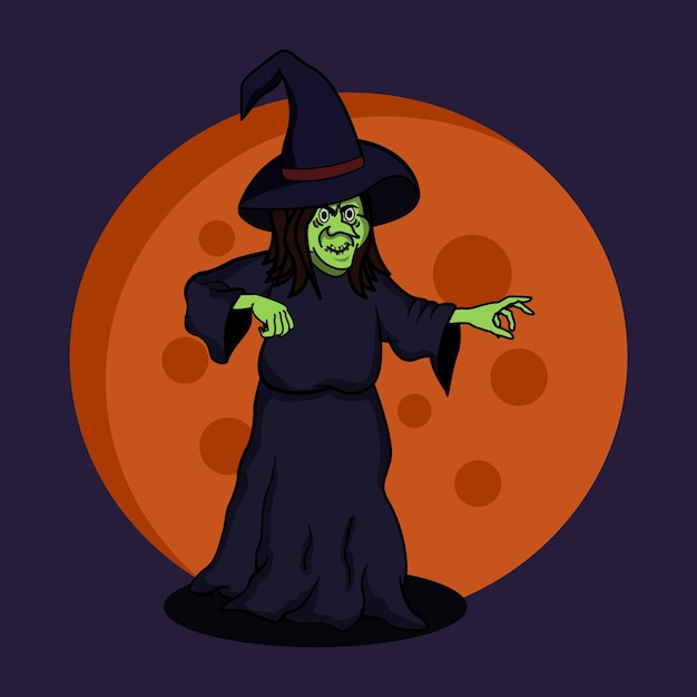 Vector cartoon old witch with bright big moon