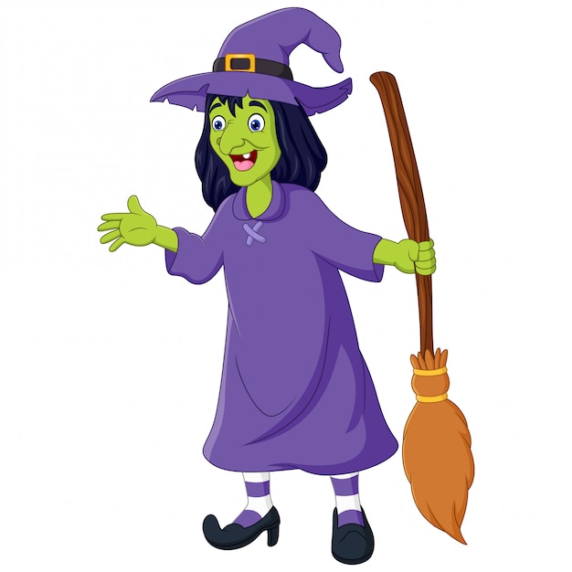 Cartoon old witch with a broom