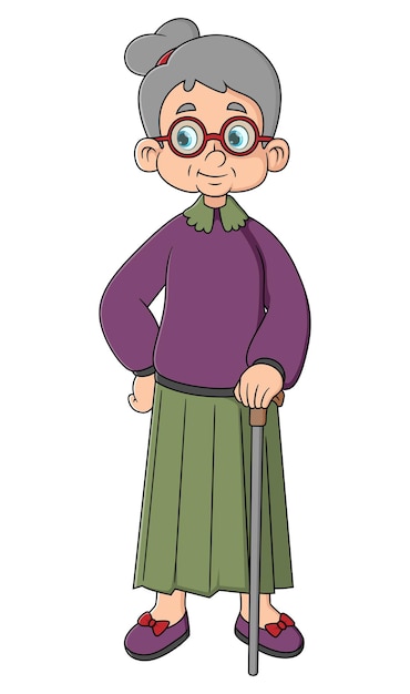 Vector cartoon old woman with a cane