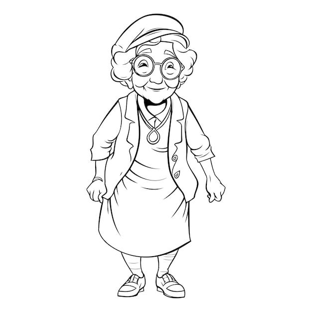 Vector cartoon old woman with glasses for coloring book