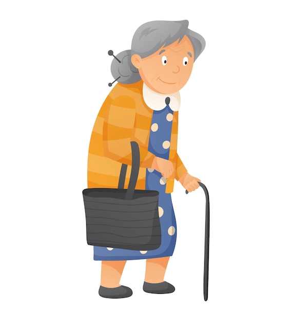 Cartoon old woman with gray hair and walking stick vector illustration of pensioner grandmother