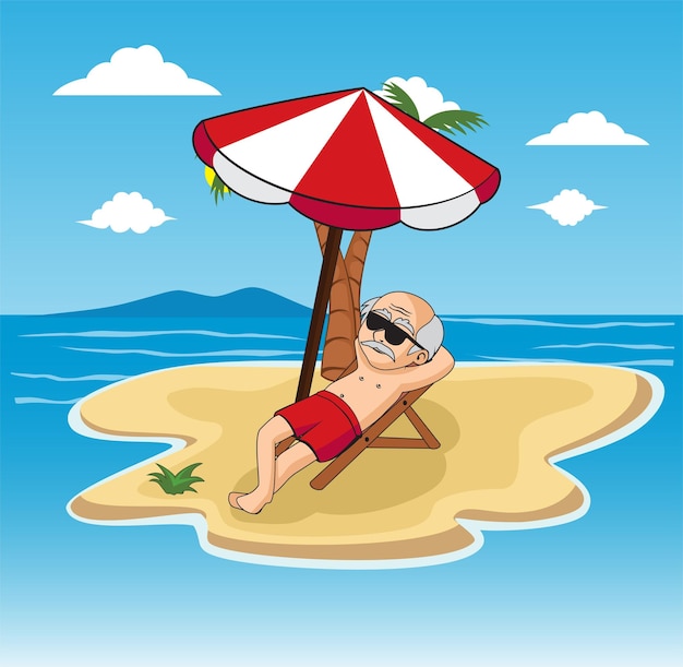 Vector cartoon of oldman relaxing on the beach design illustration