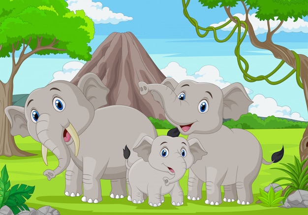 Cartoon olifanten familie in de jungle