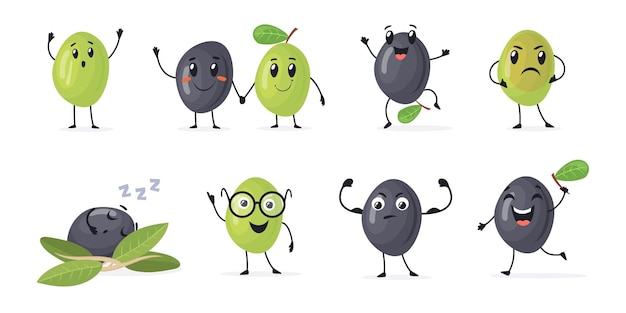 Cartoon olive characters Couple olives character mascot for wallpaper animation face oil fruit plant snacks with eyes happy fun or pickle emotion vector illustration of cartoon olive character food