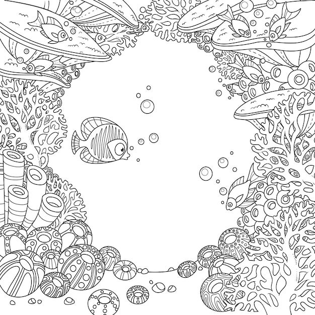 Cartoon onderwaterwereld frame met koralen, vissen en anemonen geschetst op een witte achtergrond
