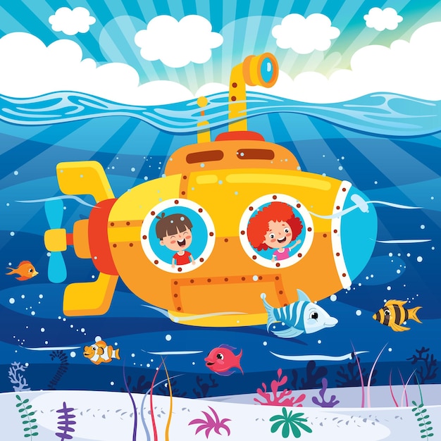 Cartoon onderzeeër onder de zee