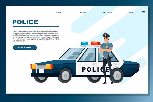 Cartoon ontwerp politieauto en politieagent platte vectorillustratie op witte achtergrond