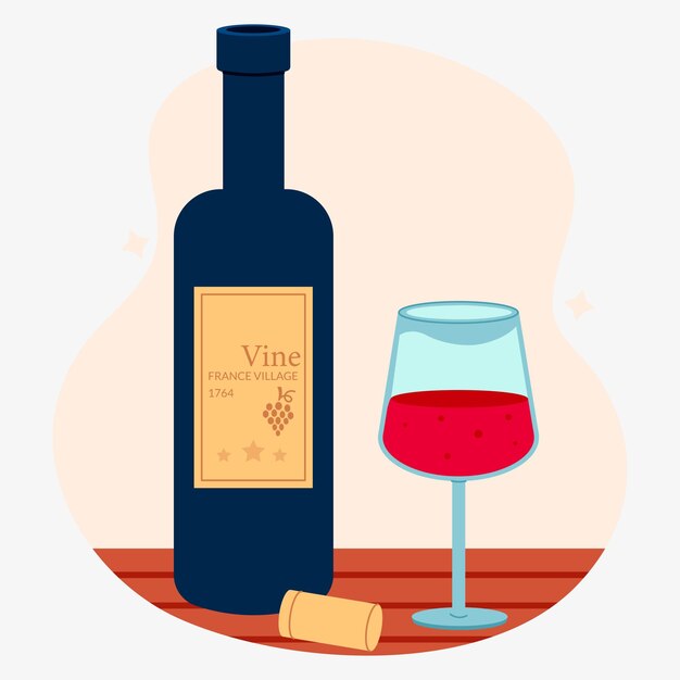 Vector cartoon open bottle of wine with glass of red wine on table vector illustration