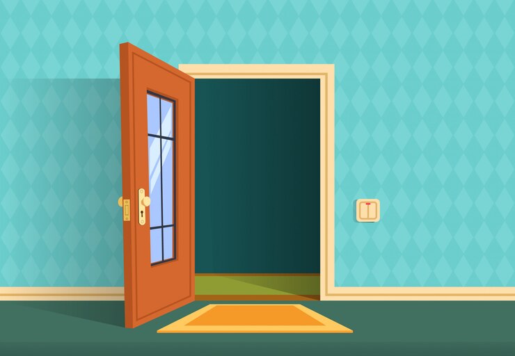 Vector cartoon open door. apartment hallway entrance, office lobby. 