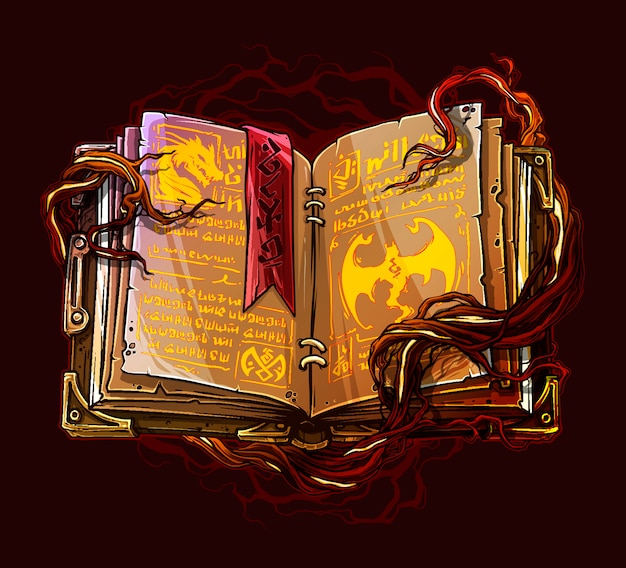 Cartoon open magic spell book with tree roots