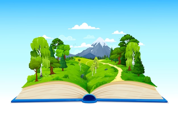 cartoon opened book with green forest meadow and mountains vector nature landscape mountain rock and road path in summer forest valley on book pages for fairy tale story or game background