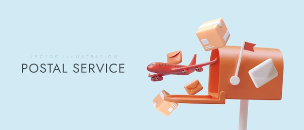 Cartoon orange 3d realistic mailbox airplane parcels and correspondence