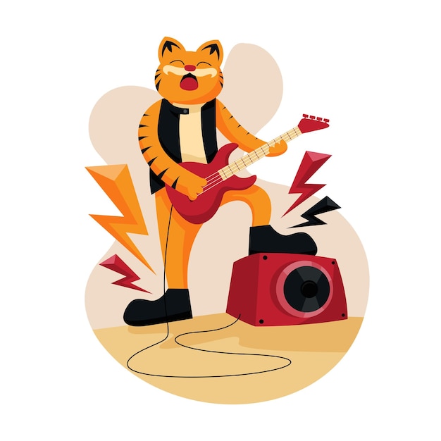 Vector cartoon orange cat playing a guitar