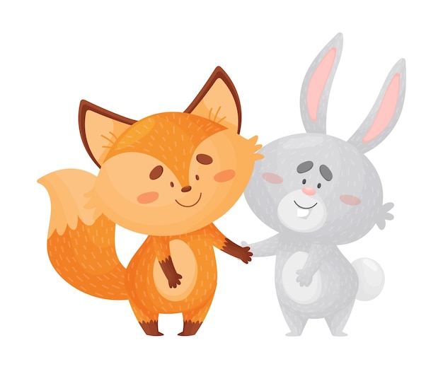 Vector cartoon orange foxes and gray hare hold hands together vector illustration on a white background