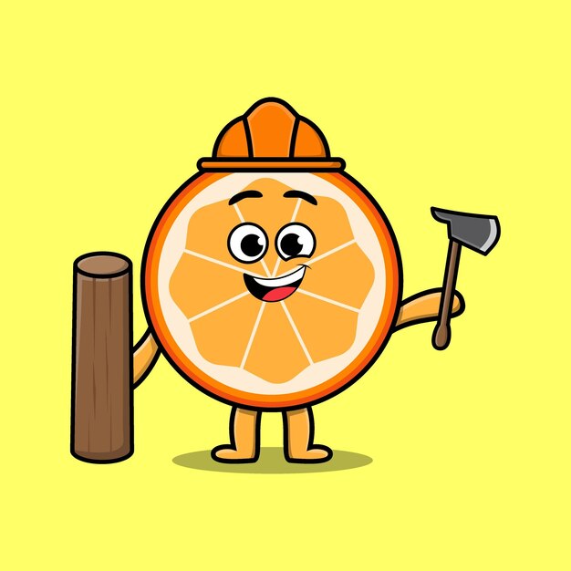 Мультяшный апельсиновый фрукт как плотник с топором и деревом